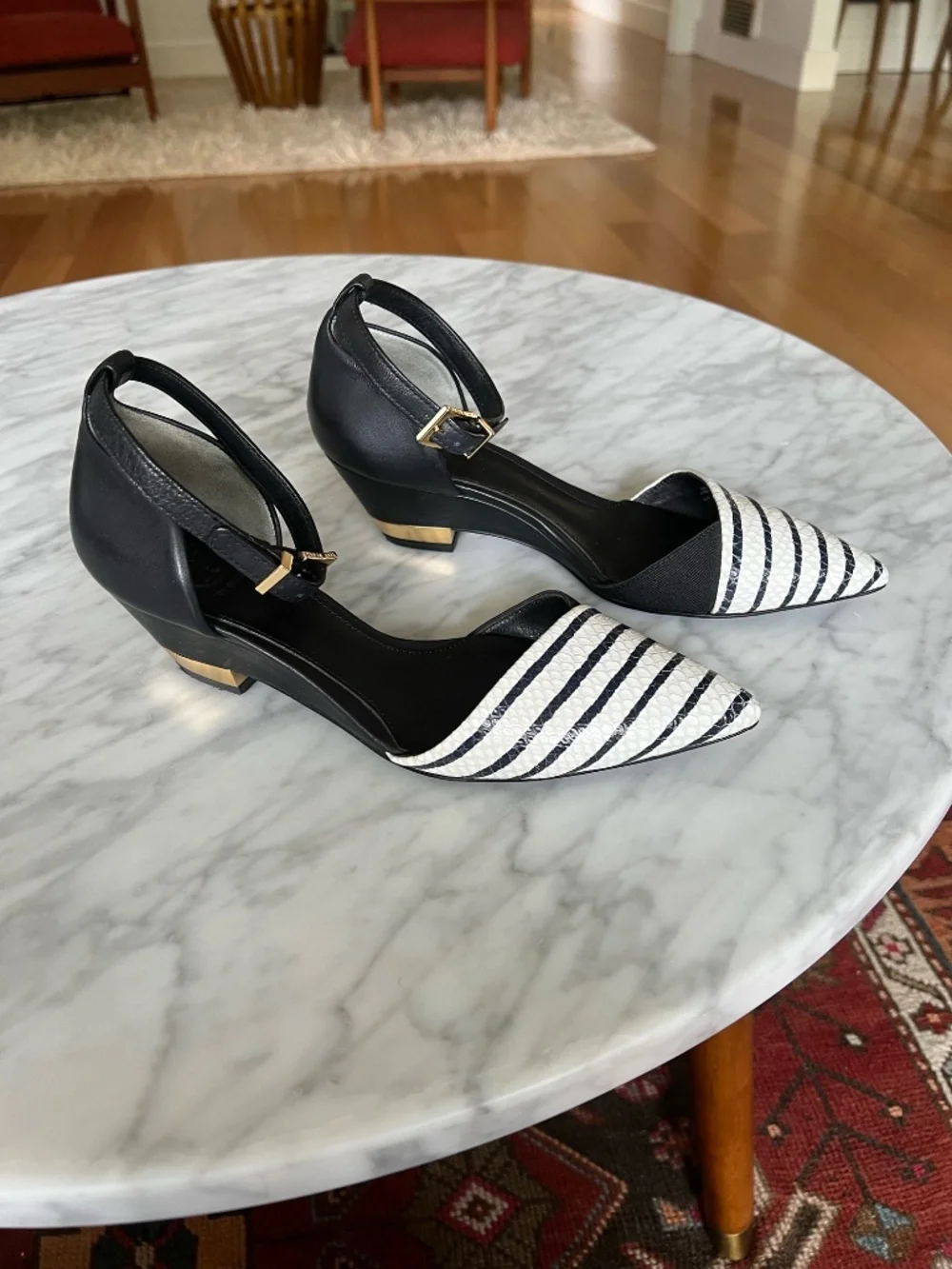 Tory Burch Navy White Striped Pointed Toe Ankle Strap Heels 6.5